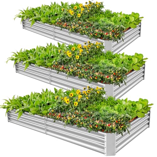 Land Guard 3 Pack 6×3×1ft Galvanized Metal Raised Garden Bed, Metal Planter Kit Box Outdoor for Deep-Rooted Vegetables, Flowers, Green and Herbs, Silver