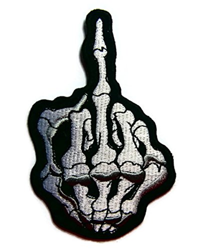 PATCHLOVER Biker Middle finger Skull Bone Skeleton Black Patch DIY Embroidered Sew Iron on Patch Heavy Sports Custom Applique for Jeans hat Caps Mechanic Gloves Jacket Vest Biker Ride