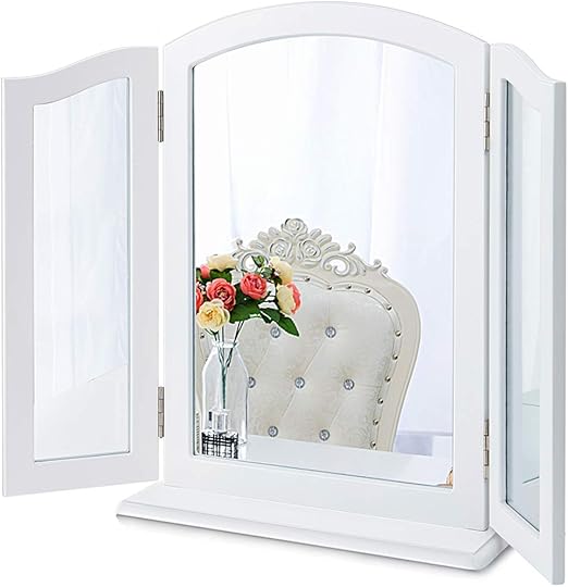 Amazon Com Chende 32 67 X 23 62 Large Trifold Mirror With Detachable Wooden Base 3 Way Mirror For Wall Vanity Table Haircut Mirror In Bathroom Bedroom Tabletop Or Wall Mounted White Home Kitchen