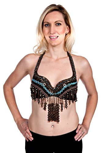 Hip Shakers Tribal Turquoise & Copper Beaded Embellished Sequin Bra Top