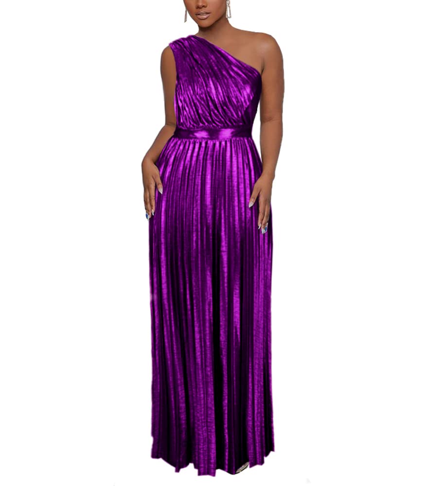 Photo 1 of AOMEI Women's Purple Luxury Metallic One Shoulder Sleeveless Elegant Pleated Long Dress (L,Large)