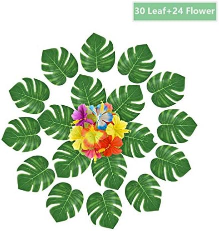 Tropical Palm Leaves Hibiscus Flowers Simulation Artificial Leaf Tropical Party Decorations Supplies, Simulation Leaf for Hawaiian Luau Party Jungle Beach Theme Table Decorations