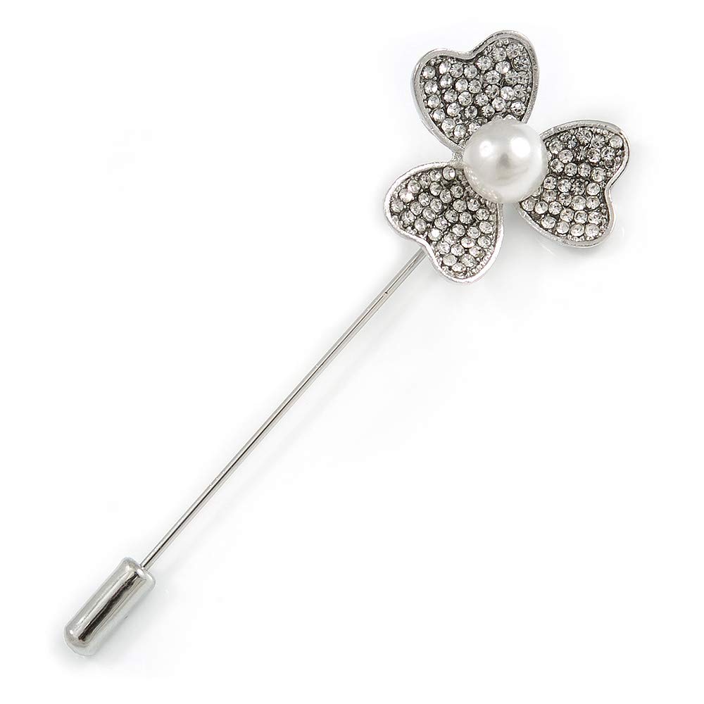 Silver Tone Clear Crystal 3 Petal Flower Lapel, Hat, Suit, Tuxedo, Collar, Scarf, Coat Stick Brooch Pin - 70mm L