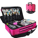 MONSTINA Cosmetic Bags 3 Layer Cosmetic Organizer Makeup Case Beauty Artist Storage Brush Box with Shoulder Strap(L-Rose Red)