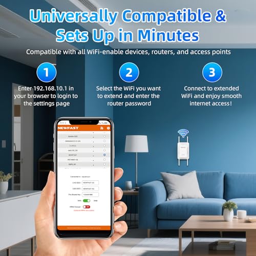 NEWFAST AX3000 WiFi Repeater Long Range WiFi Signal Amplifier 5Ghz/2.4Ghz Gigabit Wi-Fi Extender Supports 65 Online Devices, Repeater/Router/Ap/Bridge Modes, 10/100/1000Mbps, WPA2