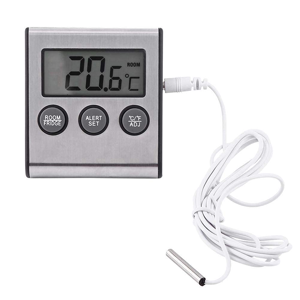 Aramox Digital LCD Refrigerator Thermometer with Wire Sensor and Probe, -50°C to 70°C Range, Temperature Alarm, Stainless Steel, 7.2x6.5x1.7cm