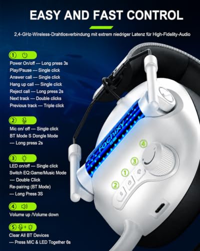 Wireless Gaming Headset for Xbox Series X|S|One, PC, PS5, PS4, Switch, 2.4GHz and Bluetooth 5.4 Headset Wireless with Microphone, Low Latency Noise Cancelling, Foldable, with LED Light, 60 Hours