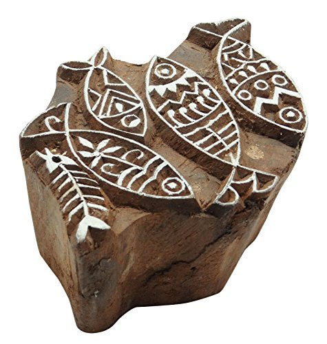 Fish Pattern Hand Carved Wood Printing Blocks Textile Stamp Wooden Brown Block - Thumbnail 2