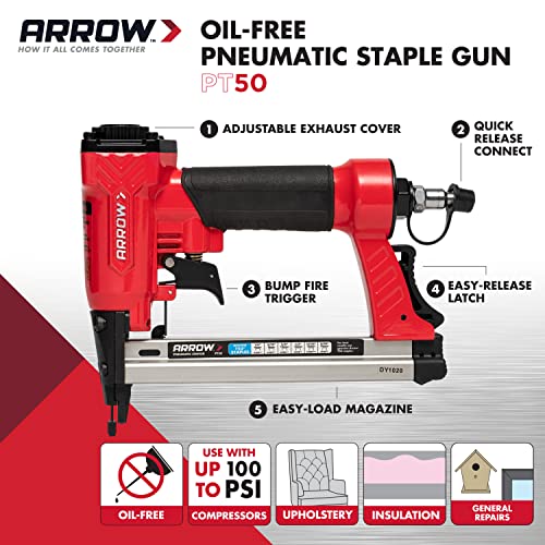 Arrow PT50 OilFree Pneumatic Staple Gun, Professional HeavyDuty Stapler for Wood, Upholstery
