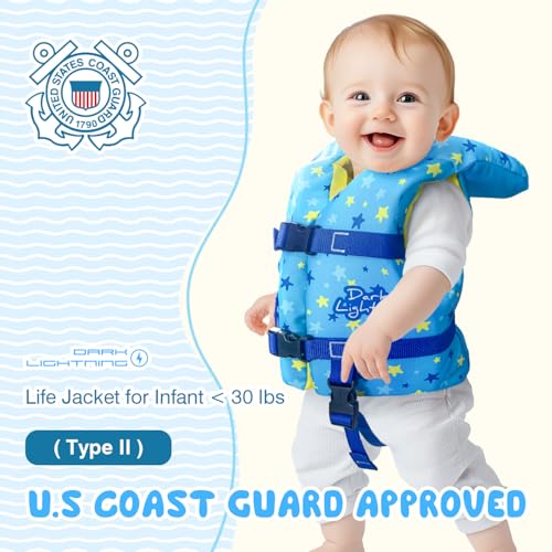 Dark Lightning USCG Approved Infant Life Jacket 0-30 lbs, Toddler Swim Vest and Baby Life Vest for 1-3 Years, 20-30 lbs, Headrest, Leg Strap and Grab Handle