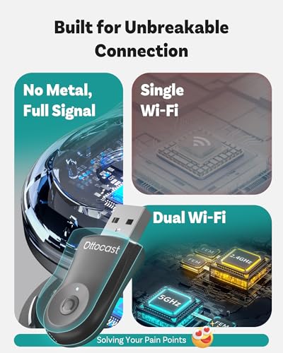 OTTOCAST Mini 2025 Adaptador automatico inalámbrico CarPlay/Android 2 en 1,WiFi de 5 GHz,conexión automática para Coches 2016+