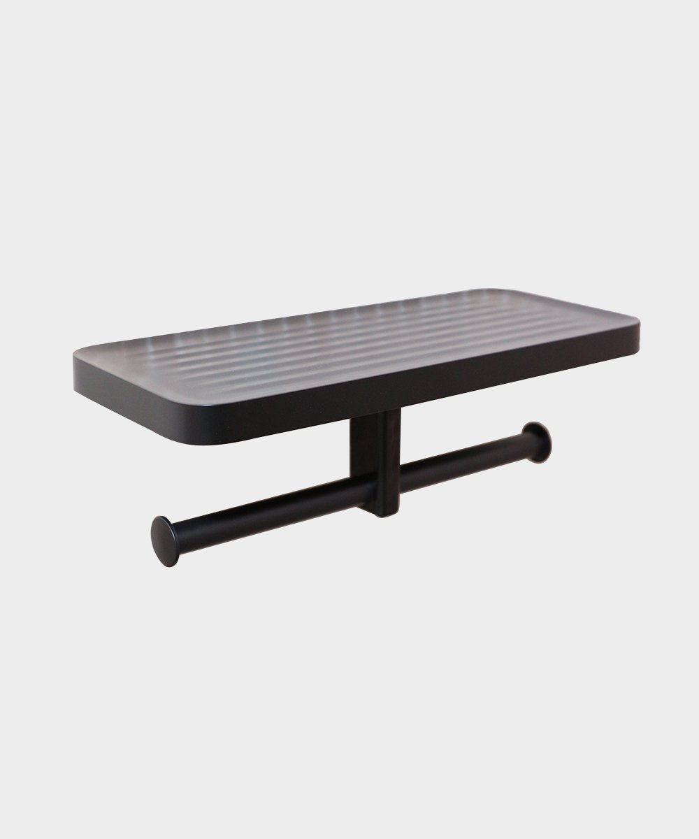 CRW Toilet Paper Tissue Holder Double Roller Hanger with Cell Phone Shelf Rack Dispenser for Bathroom Kitchen Black Wall Mounted C8091