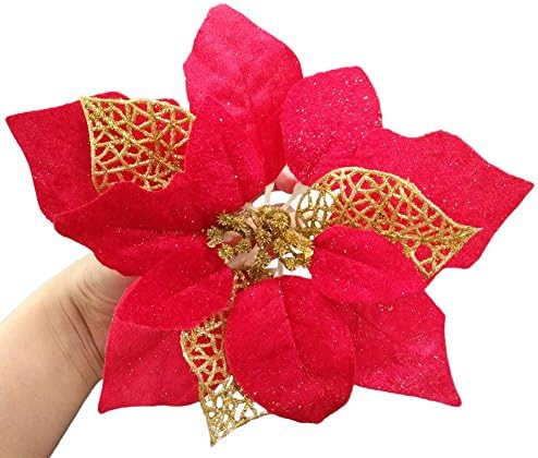 Festivous Wishel Pack of 12 Glitter Artificial Wedding Christmas Flowers Glitter Poinsettia Christmas Tree Ornaments (Red)