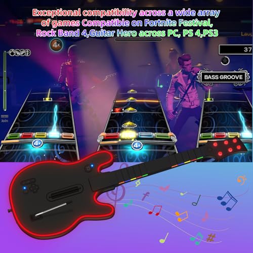 Lyvix Wireless Guitar Controller for PS4/PS3/PC - For Guitar Hero, Rock Band, Clone Hero & Fortnite Festival, with Colorful Strap and RGB Light
