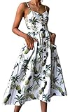 Angashion Women's Dresses-Summer Floral Bohemian Spaghetti Strap Button Down Swing Midi Dress with Pockets White S