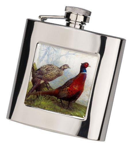 Farm Cottage Brands 6oz oblong pheasant scene Stainless Steel hip flask with funnel, for game days, shotgun users