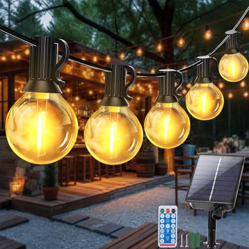 LED Fairy Lights Outdoor Solar 10 m Fairy Lights 25 + 2 G40 Bulbs Timer | Remote control, auto on/off, waterproof, dimmable, 8 modes, garden, patio, wedding, balcony decoration, warm white