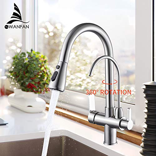 WANFAN Kitchen Sink Faucet with Pull Down Sprayer 2 Handle 3 in 1 Water