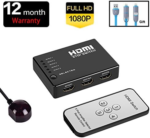 HDMI Switch 5-Port HDMI Switcher Box Selector Supports 3D Ver1.3 Full HD 1080P Manual Switch &amp; IR Remote Control HDCP Pass-through Compatible for Computer, HD-DVD, SKY-STB, PS3 etc.