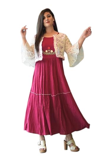 Kurti with Jacket for Women and Girls Rayon Printed Anarkali Red