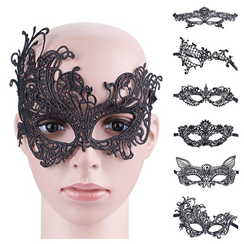 Lace Masquerade Mask,Aniwon 6 pack Sexy Venetian Black Lace Face Eye Mask for Party Prom Ball Halloween