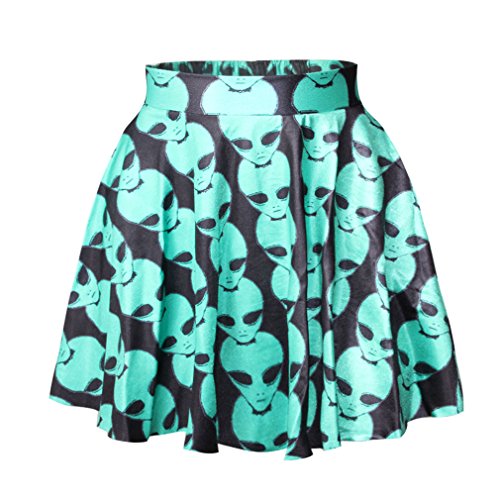 ZIOOER Elastic Waistband Digital Print Flared Pleated Casual Mini Skirt Alien
