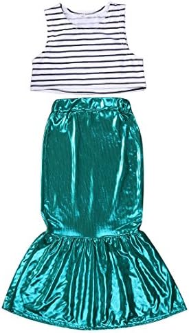 Little Girls Sleeveless Striped Tank Top and Mermaid Tail Skirt Outfit (Tag 100(Advice age 7T))