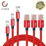 iPhone Charger Cable,Youruiqi Lightning Cable,3 PACK 3ft 6ft 10ft Nylon Braided 8Pin Lightning to High Speed Charging USB Cable Cord for iPhone 7/7 Plus/6/6s/6 Plus/6s Plus/5/5s/5c/SE(3PCS Red)