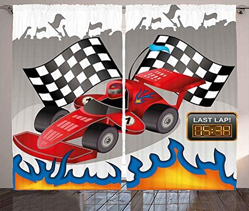Artistic Dream Ki Decor Curtains, Race Car with Finish Line Flags Pilot and Flames with Abstract Gray Background, Living Room Bedroom Window Drapes 2 Panel Set, 108W X 108L inches, Multicolor