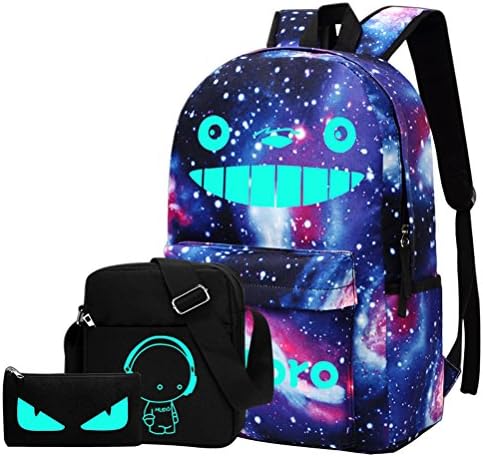Boys Girls Luminous Backpack Oxford Textile School Bag Galaxy Backpack + Shoulder Bag + Pencil Case (Blue (Luminous Totoro), Large (13.6"L x 6.3"W x 19.3"H))