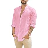 Makkrom Men Linen Shirt Button Down Long Sleeve Cotton Beach Band Collar Casual Summer Shirts
