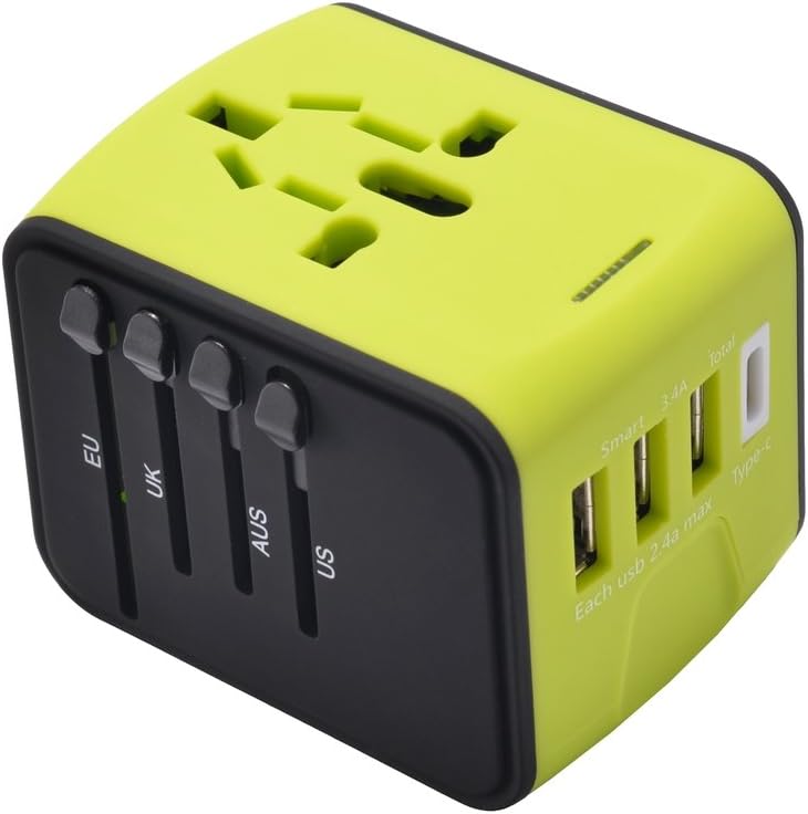 Universal All in One Worldwide Travel Adapter, High Speed 2.4A USB, 3.0A USB Type-C Wall Charger,European Adapter, Worldwide AC Outlet Plugs for Europe, UK, US, AU, Asia(Green)