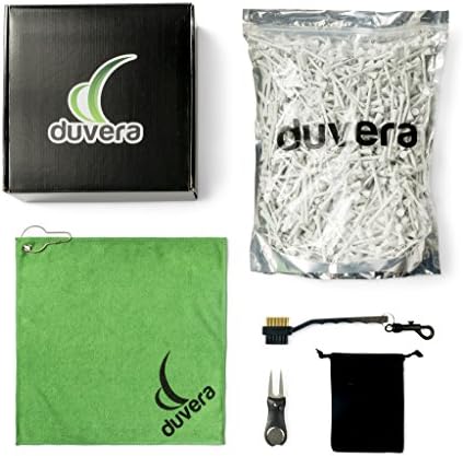 Golf Gift Bundle 1000 2 3/4 Inch Wood Tees Retractable Divot Repair Tool Ball Marker Groove Cleaner Brush Microfiber Greens Towel Accessories Bag Duvera