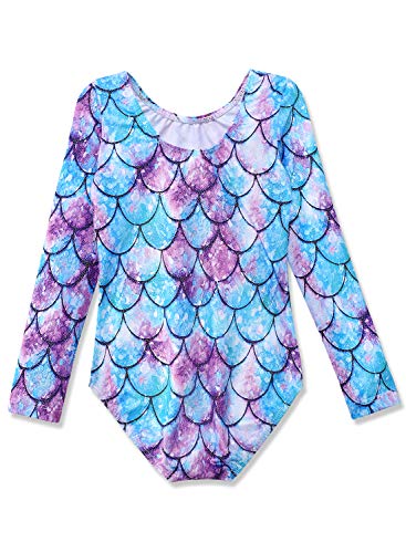 Gymnastics Long Sleeve Leotards for Girls Kids Ballet Sparkle Ribbons Dancewear (02 Mermaid green, 150(9-10Y))