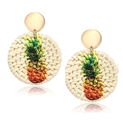 CEALXHENY Rattan Earrings Straw Wicker Braid Earrings Tropical Fruit Print Drop Dangle Earrings Handmade Statement Earrings for Women Girls (Pineapple)