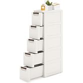 5 Drawer Slim Storage Cabinet, Narrow Rolling Cart Organizer, White | Bathroom Storage Cabinet with Plastic Drawers for Small Spaces, Kitchen, Laundry, Office and Bedroom Organization