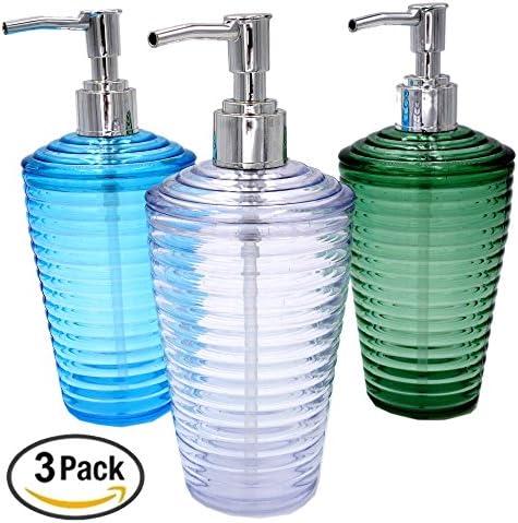 3 Pack - 12 oz. Liquid Soap Dispensers, Refillable Translucent BPA Free Plastic Body, Easy Pump, Perfect for Liquid Soap, Lotions, Shampoos, Conditioners and Oils (Colors - 1 Green, 1 Blue &amp; 1 Clear)