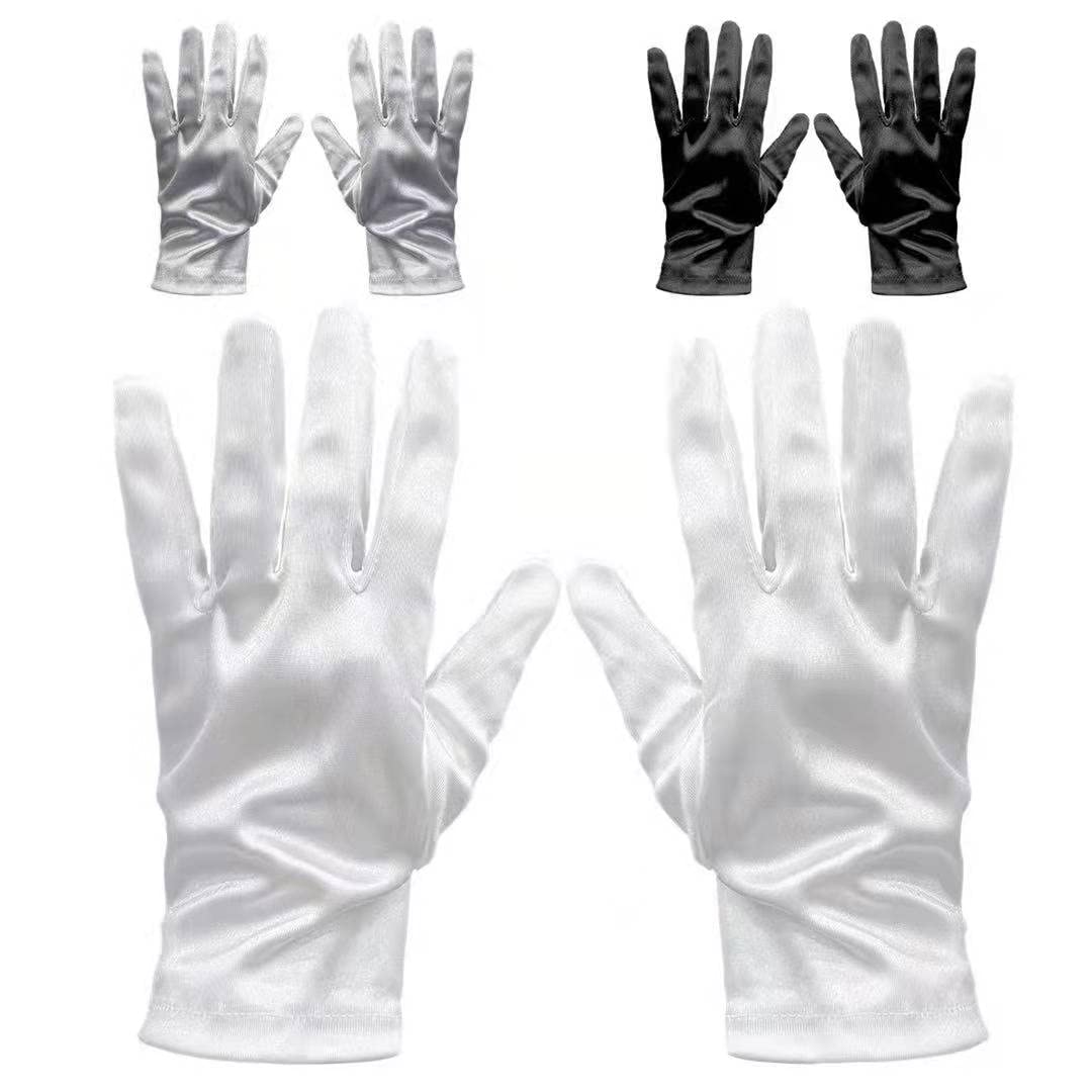ZWZNBL 6 Pieces Short Satin Gloves Silk Opera Gloves 3 Pairs 1920s Bridal Fancy Dress Halloween Costume Prom Opera Gloves Wrist Short Classic Gloves Adult Unisex Skincare Soft Black White Silver