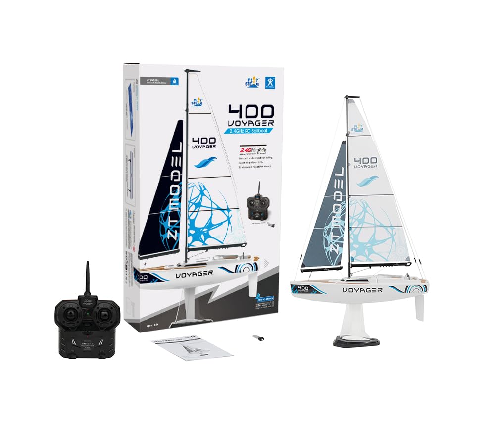 PLAYSTEM Voyager 400 RC Controlled Wind Powered Sailboat in Blue - 21" tall