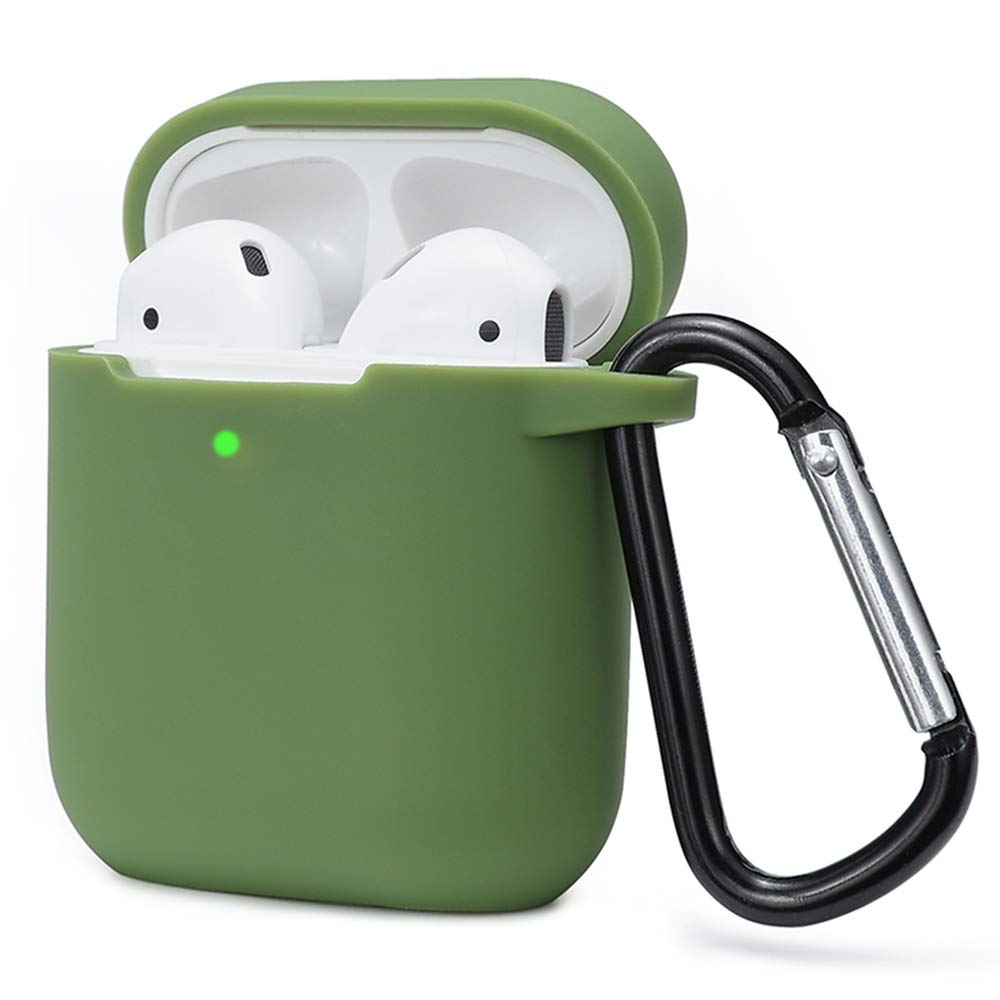 KOKOKA Case Cover Compatible with AirPods 2 & 1, Silicone Shockproof Case Cover for Airpods 2 &1 Front LED Visible Extra Protection with Carabiner, Grass Green