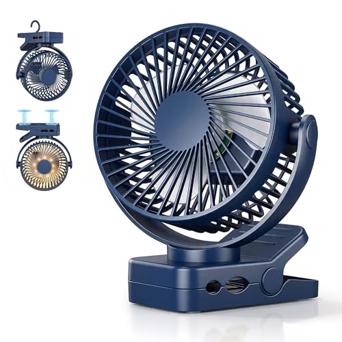 Orvyna USB Rechargeable Portable Fan 12000mAh 4 in 1 Magnetic Clamp Table Fan with Remote 3 Speeds LED Light Timer 360°, Desktop Fan for Car Camping Baby Cart, Blue