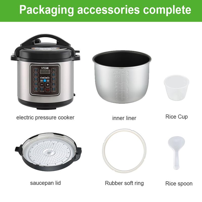 SPZTJK 12-in-1 Electric Pressure Cooker 6 Quart, LED Multifunction Steamer, 24-Hour Presetting Electric Rice Cooker, Pressure Cooker, Slow Cooker, Steamer, Warmer, Multicooker, 1000W, Stainless Steel