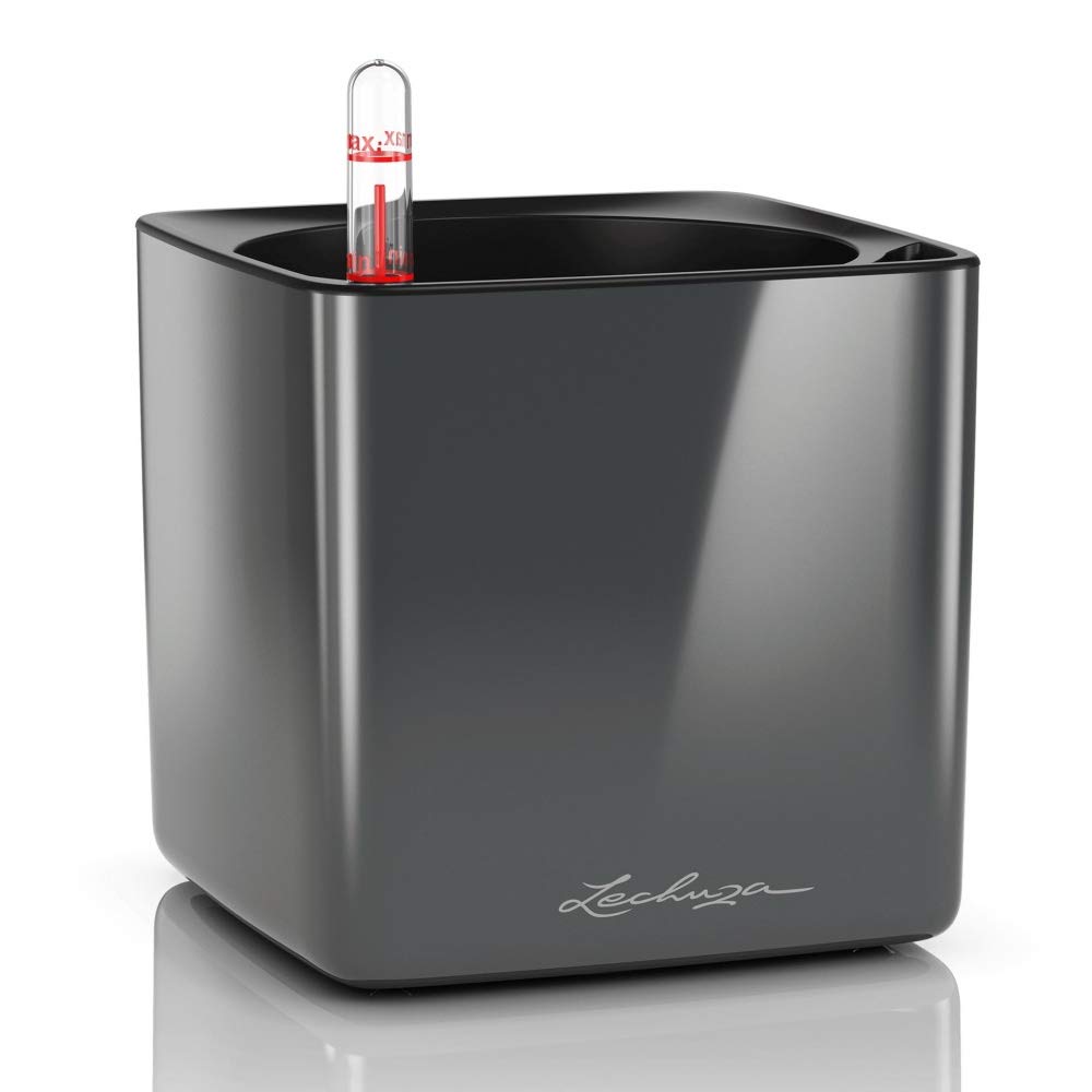 LECHUZA Self Watering Plant Pots Indoor CUBE Glossy 14 Small Plastic Planter without Drainage Hole H14 L14 W14 cm Charcoal High-Gloss