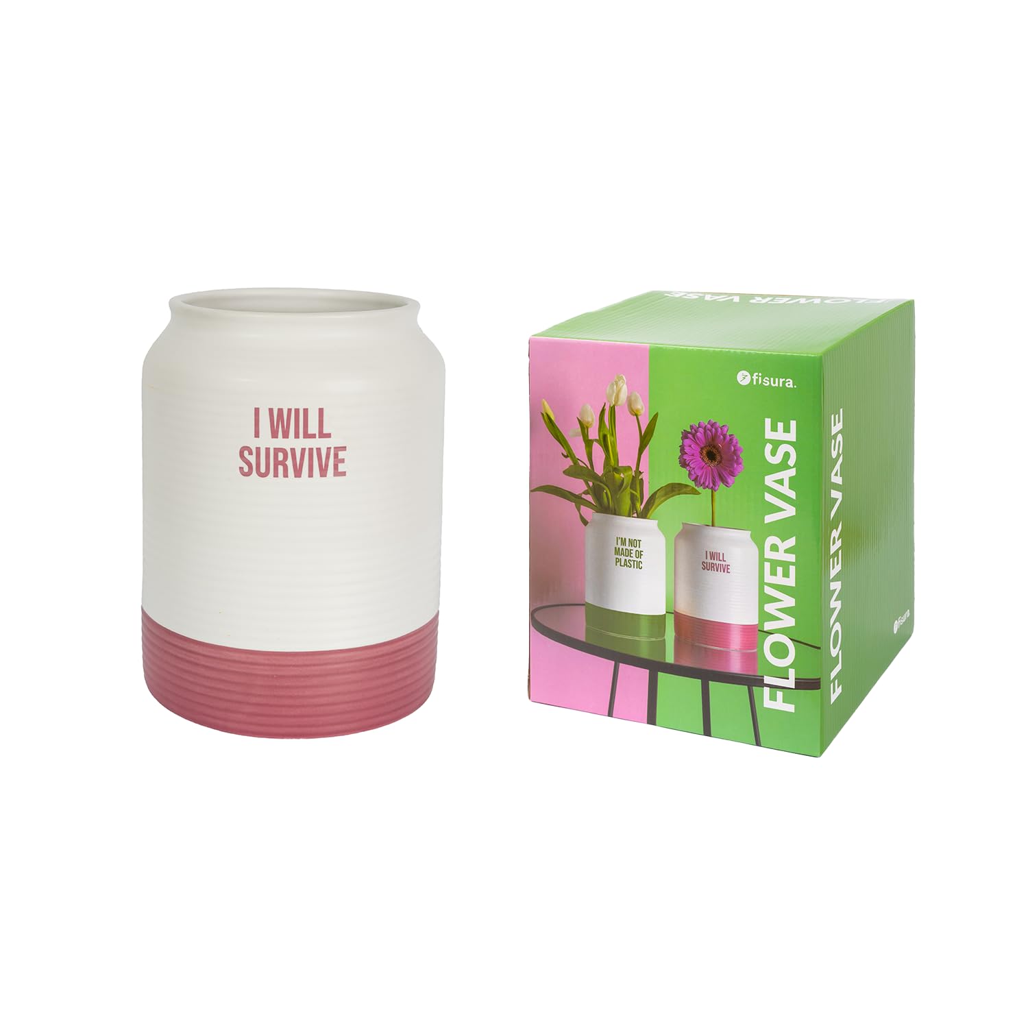 Fisura Modern Decorative Vase Survival Vase with Message White and Pink Ceramic Vase Original White and Pink Vase Measures 14.9cm x 14.5cm