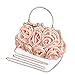 Emour Women Satin Rose Rhinestone Pure Color Handbag Evening Bags Wedding Handbags Carved Handle (Pink)