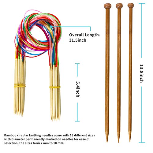 LINGSFIRE Knitting Needles Set, Weaving Tools Knitting Kits 18 Pairs 18 Sizes Bamboo Circular Knitting Needles Colored Tube 36 Pcs 18 Size Single Pointed Bamboo Knitting Needles 2.0 mm-10.0 mm (Set 1)