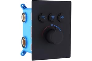 DRETTYER 3 Way Shower Mixer Valve Kit, Modern Push-Button Thermostatic Shower Diverter Valve, Concealed Brass Faucet Rough-in Valve Replacement Control Shower Head Water Flow (Black)