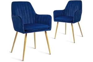 CangLong Furniture Modern Living Dining Room Accent Arm Chairs Club Guest with Gold Metal Legs, Set of 2, Navy Blue