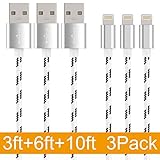 MAXGADGET Lightning USB Cable, 3Pack(3FT+6FT+10FT) Nylon Braided Lightning to USB Charging Cables for for iPhone 7/ SE / 6s/ 6 Plus/ 6, iPad Air 2, iPad Pro and More-Sliver&Black