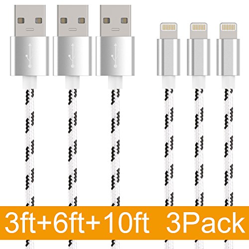 MAXGADGET Lightning USB Cable, 3Pack(3FT+6FT+10FT) Nylon Braided Lightning to USB Charging Cables for for iPhone 7/ SE / 6s/ 6 Plus/ 6, iPad Air 2, iPad Pro and More-Sliver&Black